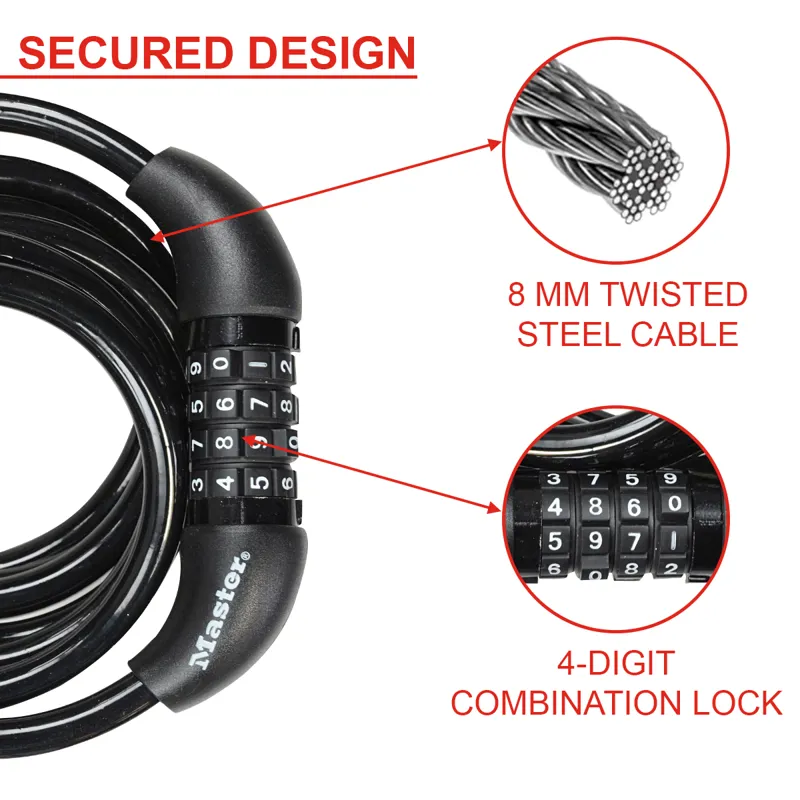 Master Lock Cable Combination Lock 8mm X 1.8m 8221 Black-2